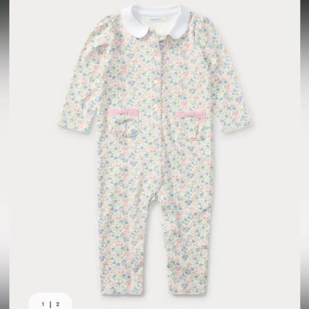 Ralph Lauren Floral-Print Cotton Coverall Onesie with Pink Accents 6m